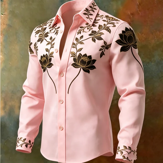 Chemise homme de luxe à manches longues avec broderie lotus en fil doré, texture satinée, col à revers, chemise décontractée et formelle 1