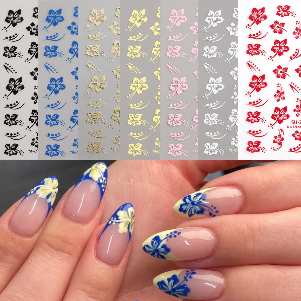 Hibiscus flower nail stickers, self-adhesive nail decorations, multi-colored floral DIY self-adhesive nail decals, nail salon