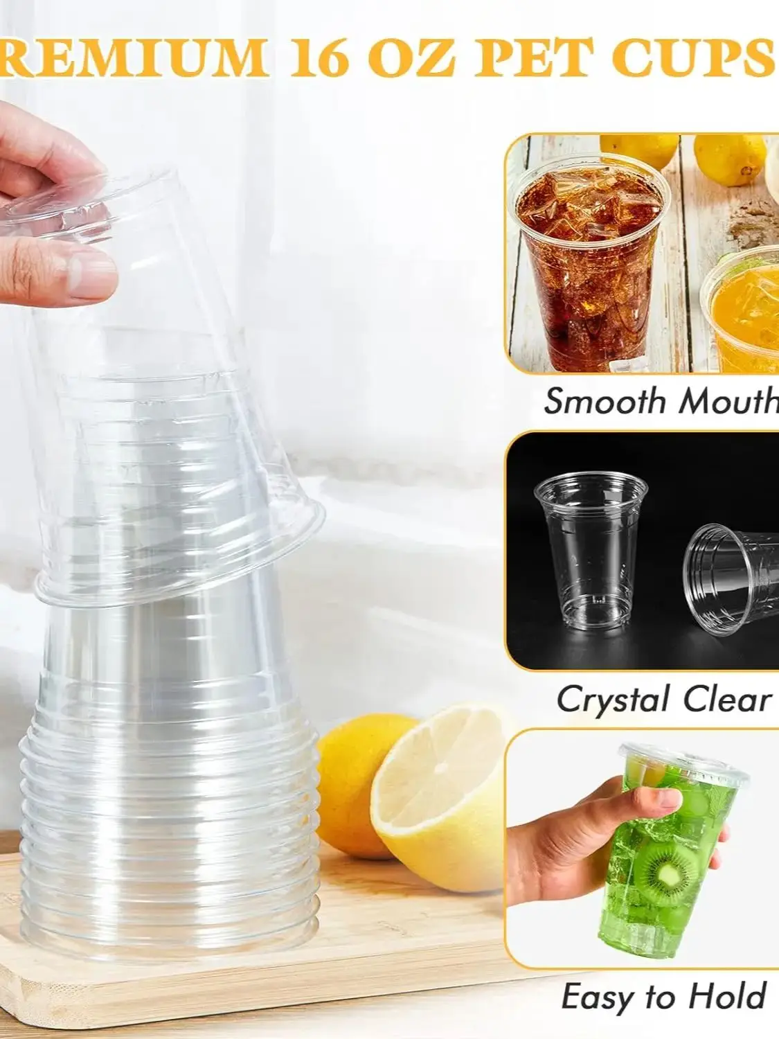Pack 100 or 50 16 oz Disposable Coffee Cups No Lids Clear Plastic for Iced Coffee Tea Juice or Party Cups for Beer Pong Game