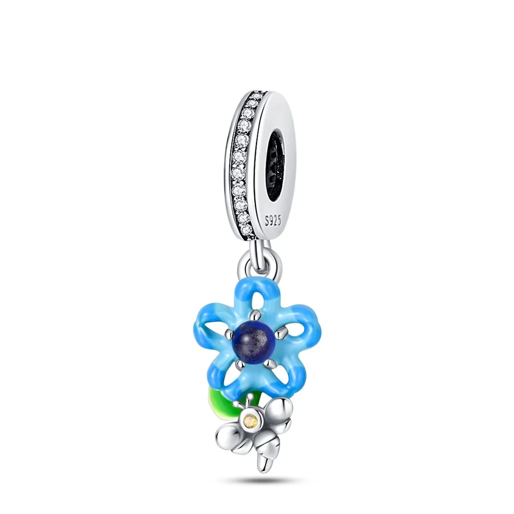 

Color Changing Series 925 Sterling Silver Romantic Blue Star Flower&Little Bee Dangle Charm Fit Pandora Bracelet DIY Jewelry