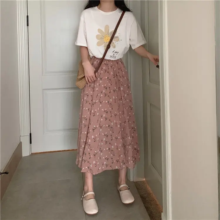 A-line Pleated Female Fashion Korean Summer Skirt New Elastic Waist Drawstring Midi Skirt Women Spring Floral Print Long Skirts