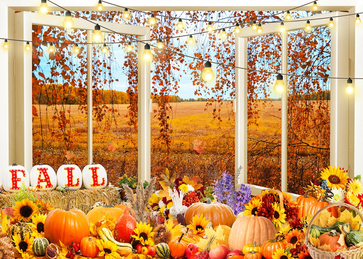 

Fall Pumpkin Photography Backdrop Autumn Thanksgiving Window Leaves Background Sunflower Maple Decor Party Photo Booth Prop