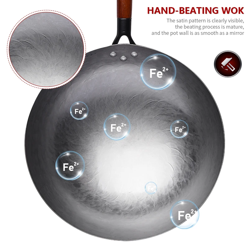 Traditional Iron Wok Non-coating Hand forged Kitchen Pan Wooden Handle