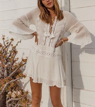 Women's Sexy See-through Lace Short Dress Summer Boho Beach Chiffon Bikini Cover-ups Swimsuit Female Swimwear Sunscreen Blouse 1
