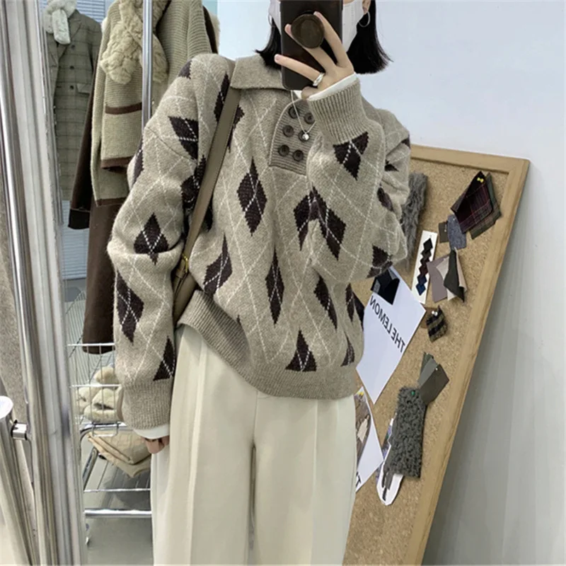 

French Style Rhombus Chic Loose Sweater Women's 2023 Autumn Winter Bottoming Sweater Small Short Top Pullover Women Jumper