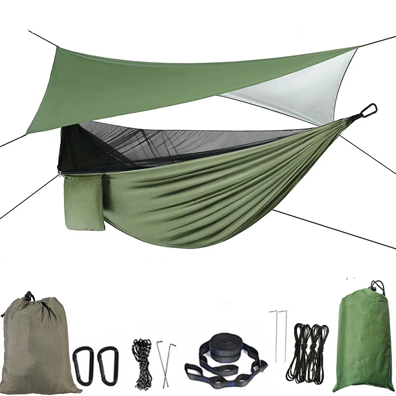 Camping Hammock Mosquito Net and Rain Fly Tarp Portable Tent Parachute Hammock with Tree Strap Indoor Outdoor Backpacking Travel