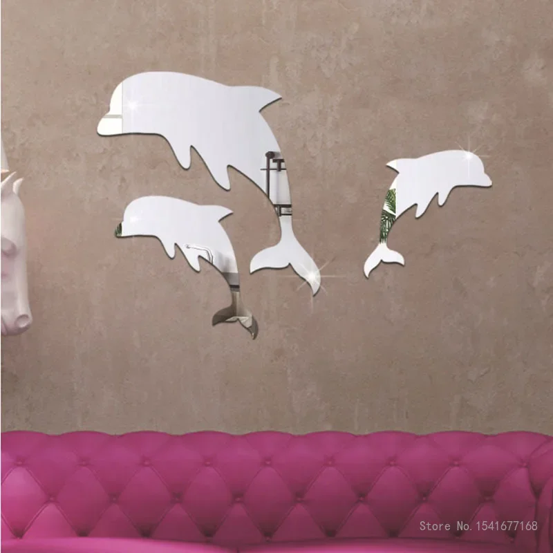 Creative Dolphin Acrylic Mirror Wall Decal, 3D Home Decoration, Living Room, Bedroom, TV Background, Removable, 2Pcs