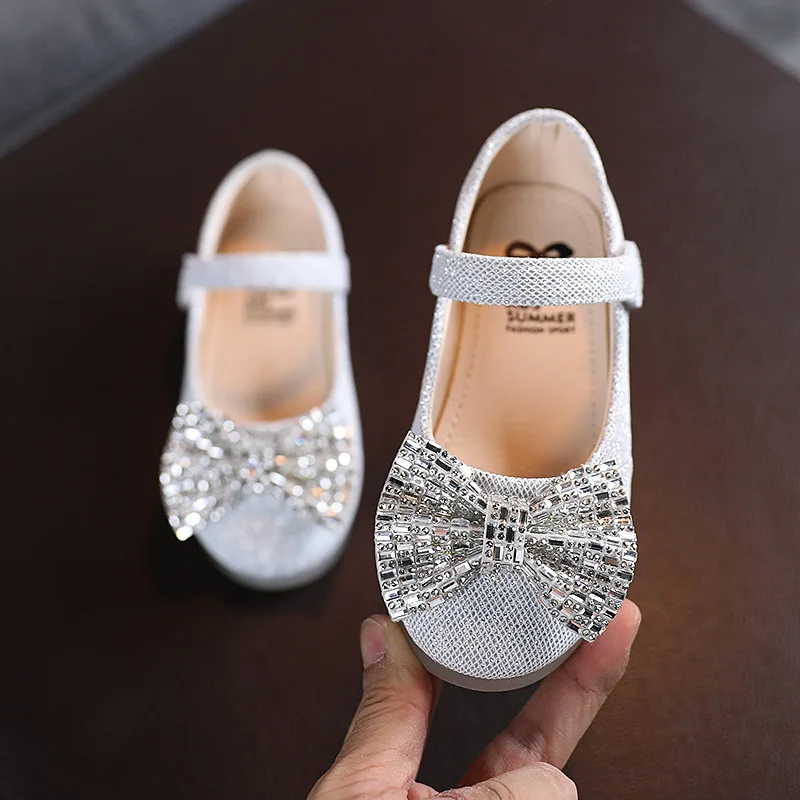 Girls Fashion Bow Leather Shoes 2024 New Kids Shiny Flats Children's Elegant Temperament Princess Shoes Hook&Loop Dance Shoes