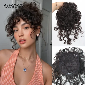Topper per capelli corti ricci e ondulati, ricambio per capelli, con clip, per donne con capelli diradati, copertura bianca