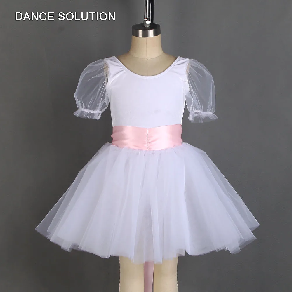 

White Spandex Bodice Ballet Romantic Tutu Dress with Ribbon for Women & Girls Ballerina Performance Costume Dancewear 20526