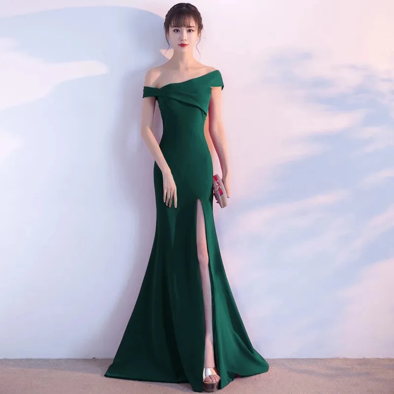 

Evening Dresses Women's New Summer Pike Banquet Dress Slant Shoulder Annual Meeting Long Fishtail Off-Shoulder Fishtail Dress