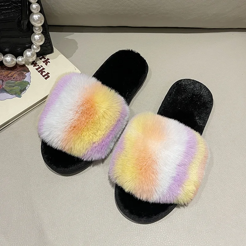 thumbnail image 1 of Pantuflas peludas y esponjosas con punta abierta para otoño e invierno, pantuflas cálidas de suela gruesa para interior de casa para mujer, pantuflas de algodón a la moda para mujer, 1 of 6