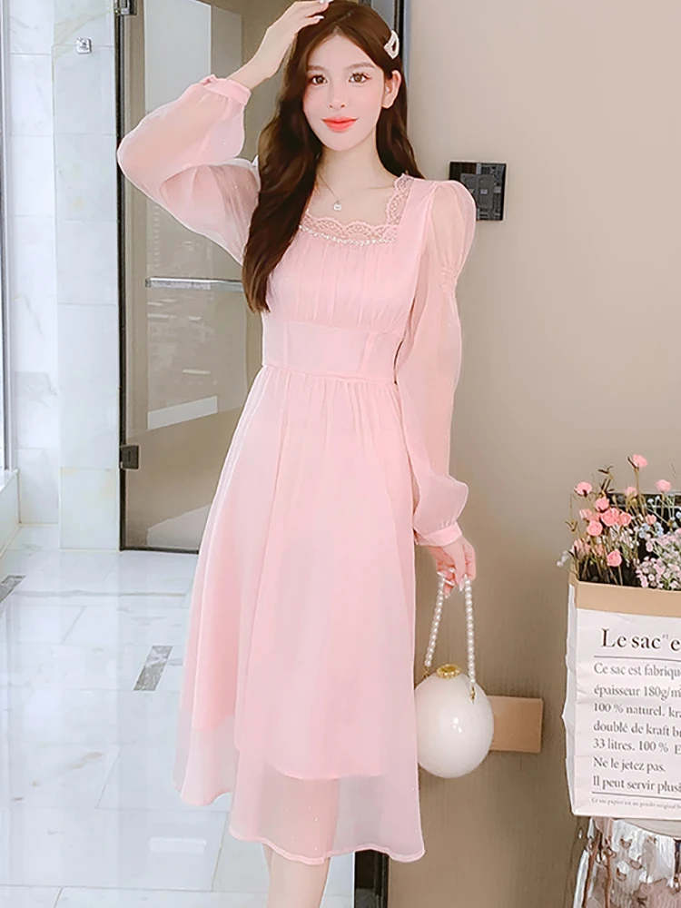 Pink Chiffon Sequins Beach Outfits For Women Spring Long Sleeve Chic Lace  Square Collar Dress 2023 Korean Fashion Elegant Dress - Dresses - AliExpress