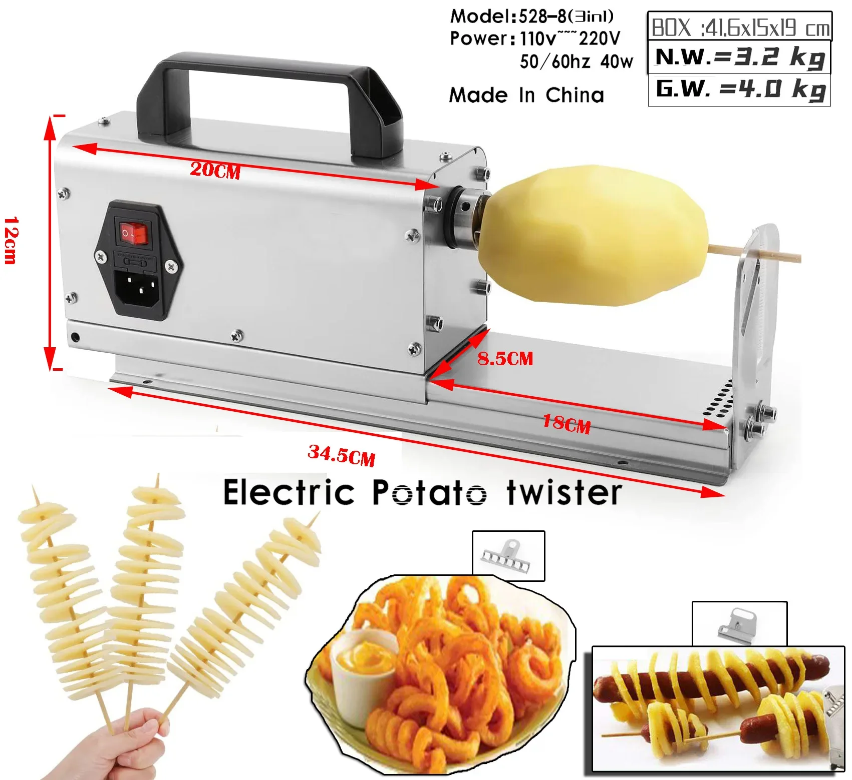 3 In 1 Electric Tornado Potato Slicer Spiral Potato Cutter Twisted Slicer Spiral Twister Cutter