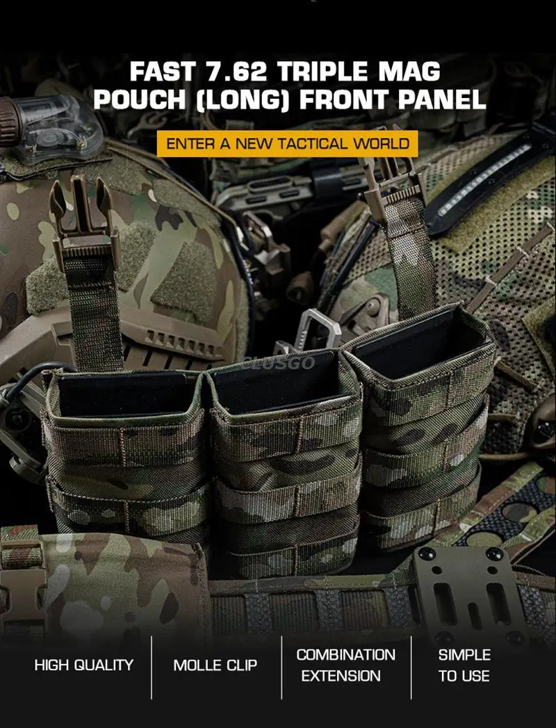 Un artículo de equipo táctico, específicamente un PANEL FRONTAL FAST 7.62 TRIPLE MAG POUCH (LARGO). Parece ser una bolsa diseñada para contener tres cargadores, probablemente para un arma de fuego que usa munición calibre 7,62.