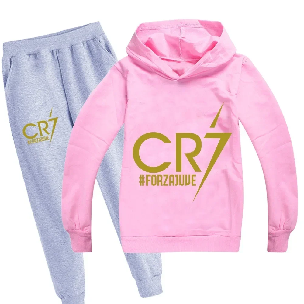 thumbnail image 1 of Conjunto de 2 piezas de ropa con capucha y pantalones con estampado de fútbol CR7 para niños y niñas de 3 a 14 años, chándal para primavera y otoño, 1 of 5