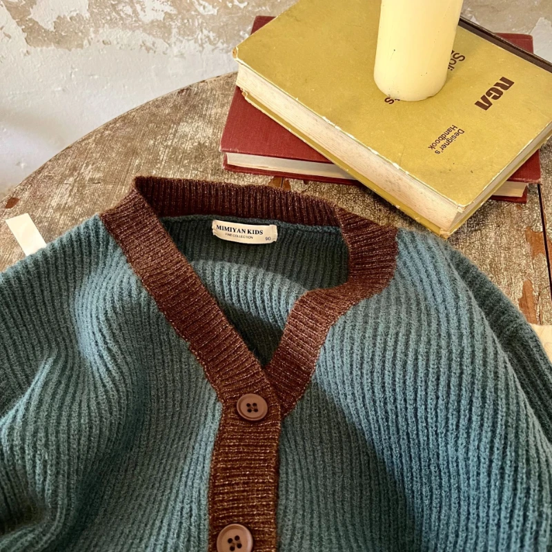 Children Sweater Boy Girl Contrast Knitted Cardigan Baby V-neck Sweater Coat Winter Baby Girl Cloth ملابس شتويه اطفال كنزة صوفية