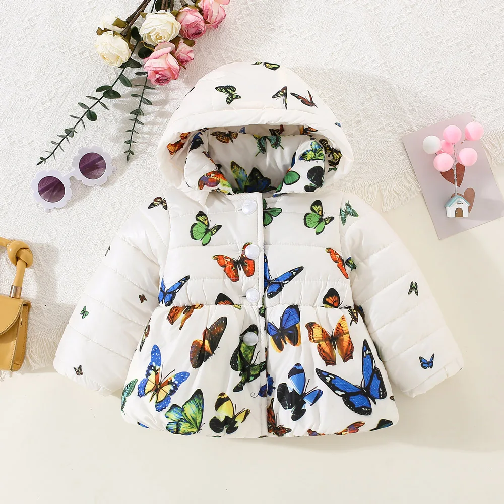 Girls Winter Cotton Jacket Thickened Warm Butterfly Printed Hooded 0-3 Years
