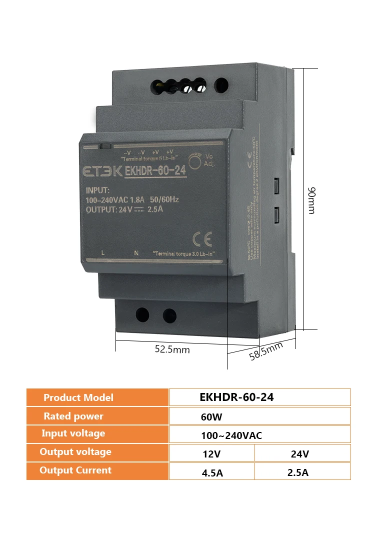 ETEK Ultra-Thin Industrial Power Supply 15W 60W 60W DIN Rail Mount 12V/24V AC/DC Power Adapter with Short-Circuit Protection industrial power supply