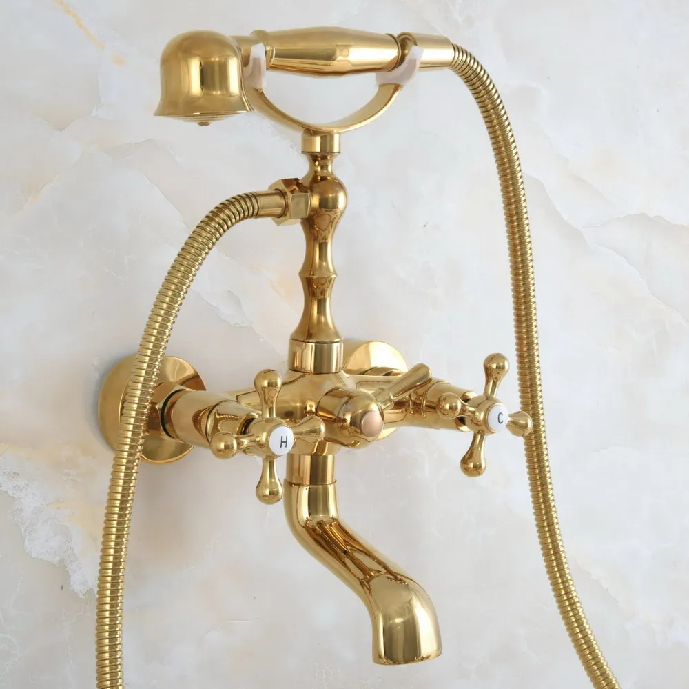 

Gold Polished Brass Bathtub Faucet Wall Mount Bathroom Clawfoot Tub & Hand Shower Faucet Set