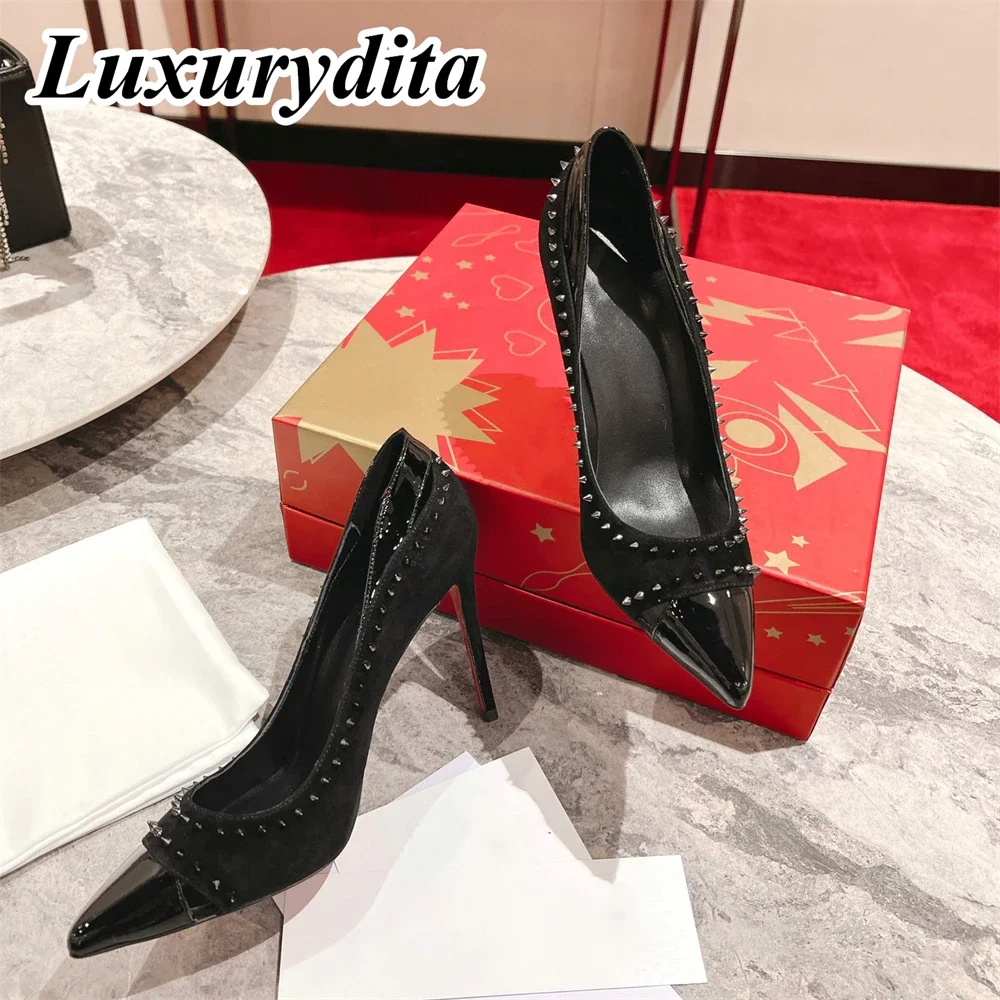 

LUXURYDITA Designer Womens High heels Sandals Real Leather Red heel Pumps Luxury Dinner Wedding Party Banquet Mules H2117