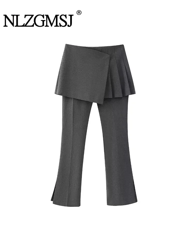 

Nlzgmsj TRAF 2024 Woman Wide Pleated Skirt With Folded Long Pants High Waist Vintage Spring Autumn Casual Elegant Slim Trousers