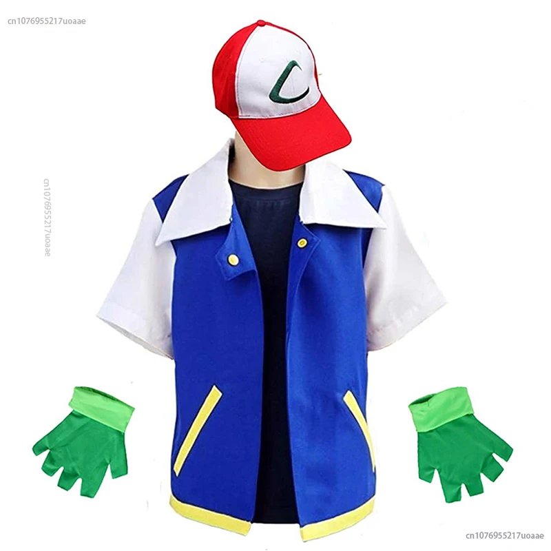

Men Anime Trainer Costume Boys Ash Ketchum Adult Cosplay for Girls Halloween Women Party Blue Jacket Cap and Gloves Sets