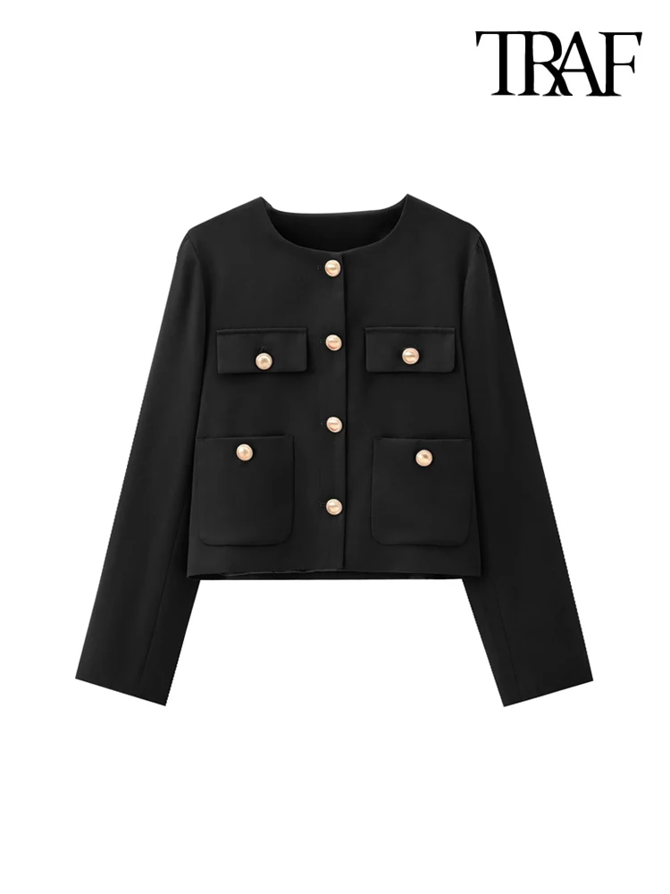TRAF-Cropped Jacket with Golden Buttons for Women, O Neck, Long Sleeve, Female Outerwear, Chic Tops, Fashion 5