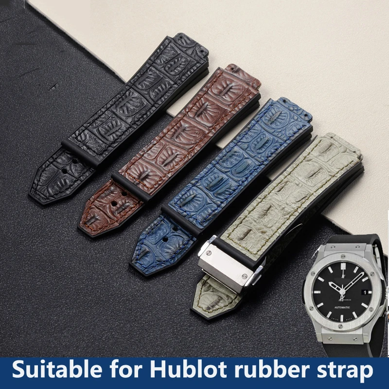 

29*19mm Black Blue Green Brown Red Cow Leather With Silicone Watchband Fit For Hublot Strap For King Power Series Hub Logo