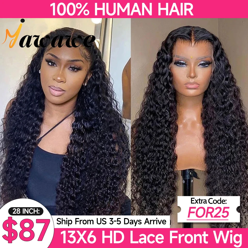 YAWAWE Hair Water Wave 13x6 HD Lace Frontal Wigs Brazilian Wigs 100% Human Hair For Women Deep Curly Wigs preplucked Precut