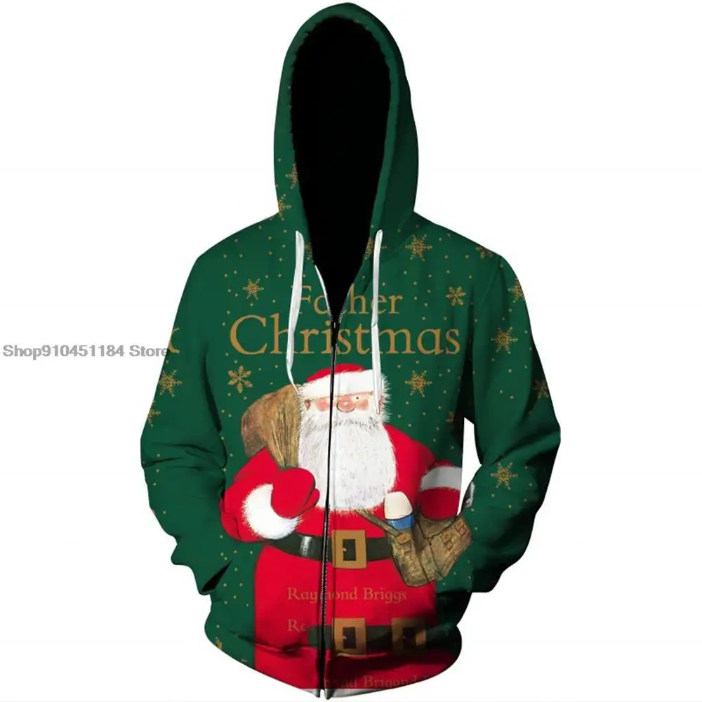 Christmas New Couple Zipper Hoodie Sweater for Women Casual Long Sleeves Pullover Autumn Loose Oversized Unisex Clothing