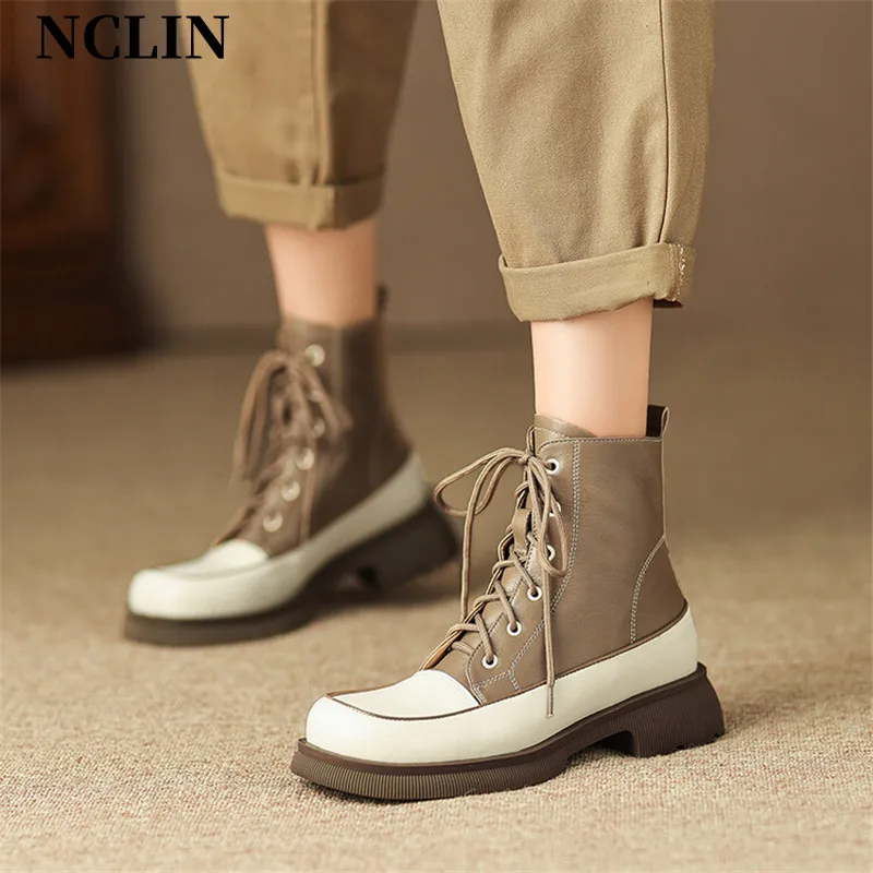 

2024 Autumn/Winter Women Boots Round Toe Chunky Heel Boots Lace Up Mixed Color Cowhide Knight Boots Shoes for Women