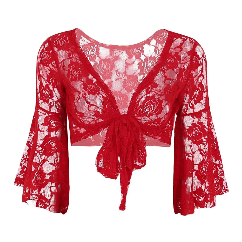 

Women's Belly Dance Top Short Cardigan Lace Long Sleeve Shrug Lace-up Shirt Gymnastics Cover Up Cardigan Wraps New