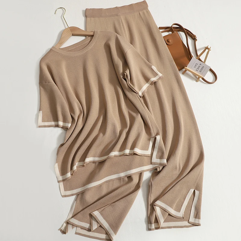 Elegant O-neck Side Slit Pullover Short Sleeve Wide Leg Pants 2-pieces New In Sets Women Solid Casual Sweatshirt Spring Summer 4
