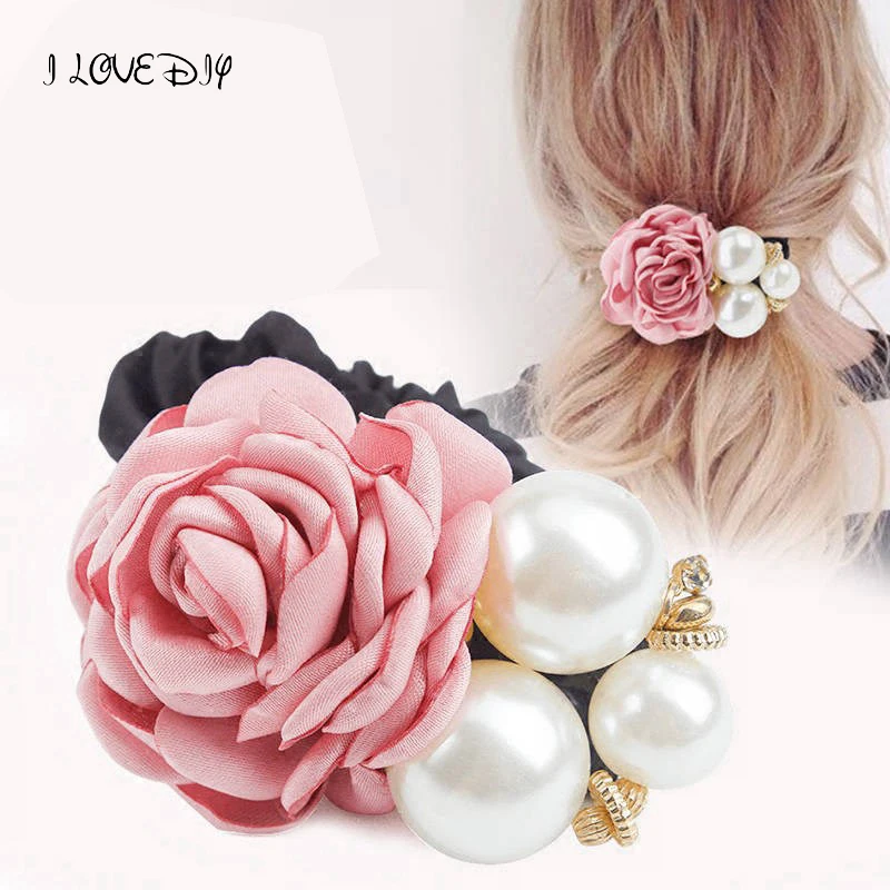 Rose Flower & Pearl Hairband Ponytail Holder U.K New Elastic Floral Ribbon 