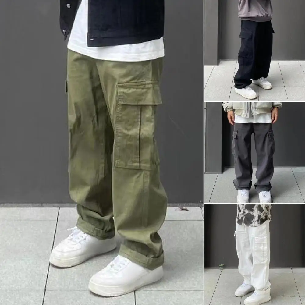 Description Picture 3 of itemMen Cargo Pants Loose Elastic Waist Wide Leg Work Trousers Solid Color Multi Pockets Straight Deep Crotch Long Pants
