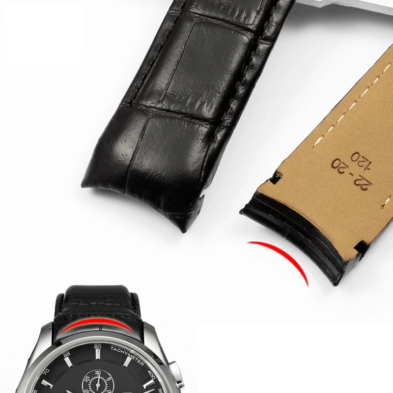 Premium Leather Watchband with Curved End and Butterfly Buckle - Available in Multiple Sizes