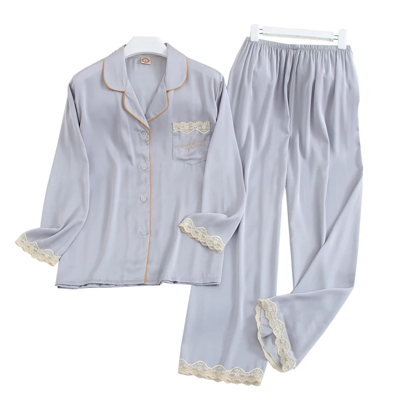 Satin Pajamas Set Faux Silk Women Sleepwear Shirt&pants Casual Lace