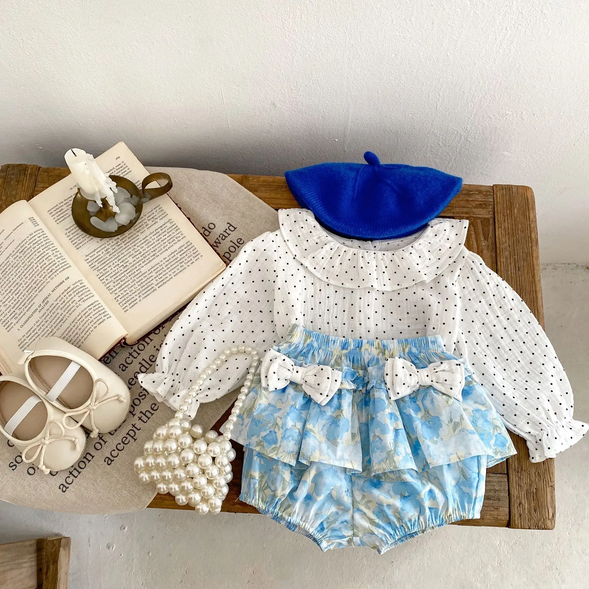 

Childrens Sets New Autumn Season Girl Baby Dots Lotus Collar Lovely Bow Knot Printing Pants 2 Piece Set Print Simple