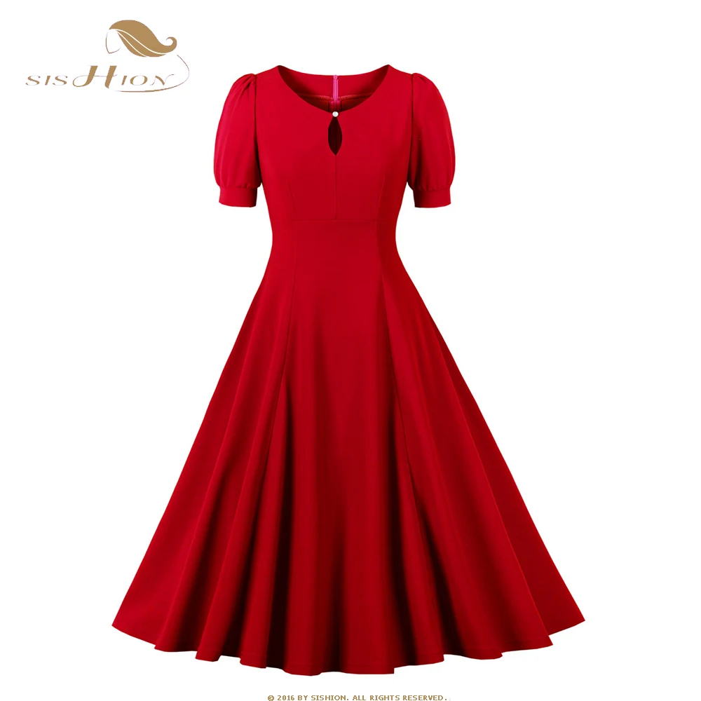 

2023 Women Summer Casual Retro Pinup Swing Dress Solid Red Blue Elegant Vintage 50s 60s Rockabilly Midi Dresses SR0194