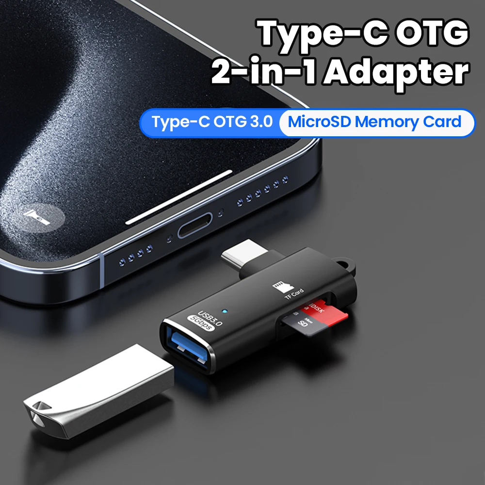2 in 1 USB C OTG 어댑터 타입-C to USB3.0 데이터 전송 + TF 카드 리더 커넥터 (아이폰 15-17 휴대폰, 태블릿, 노트북용)