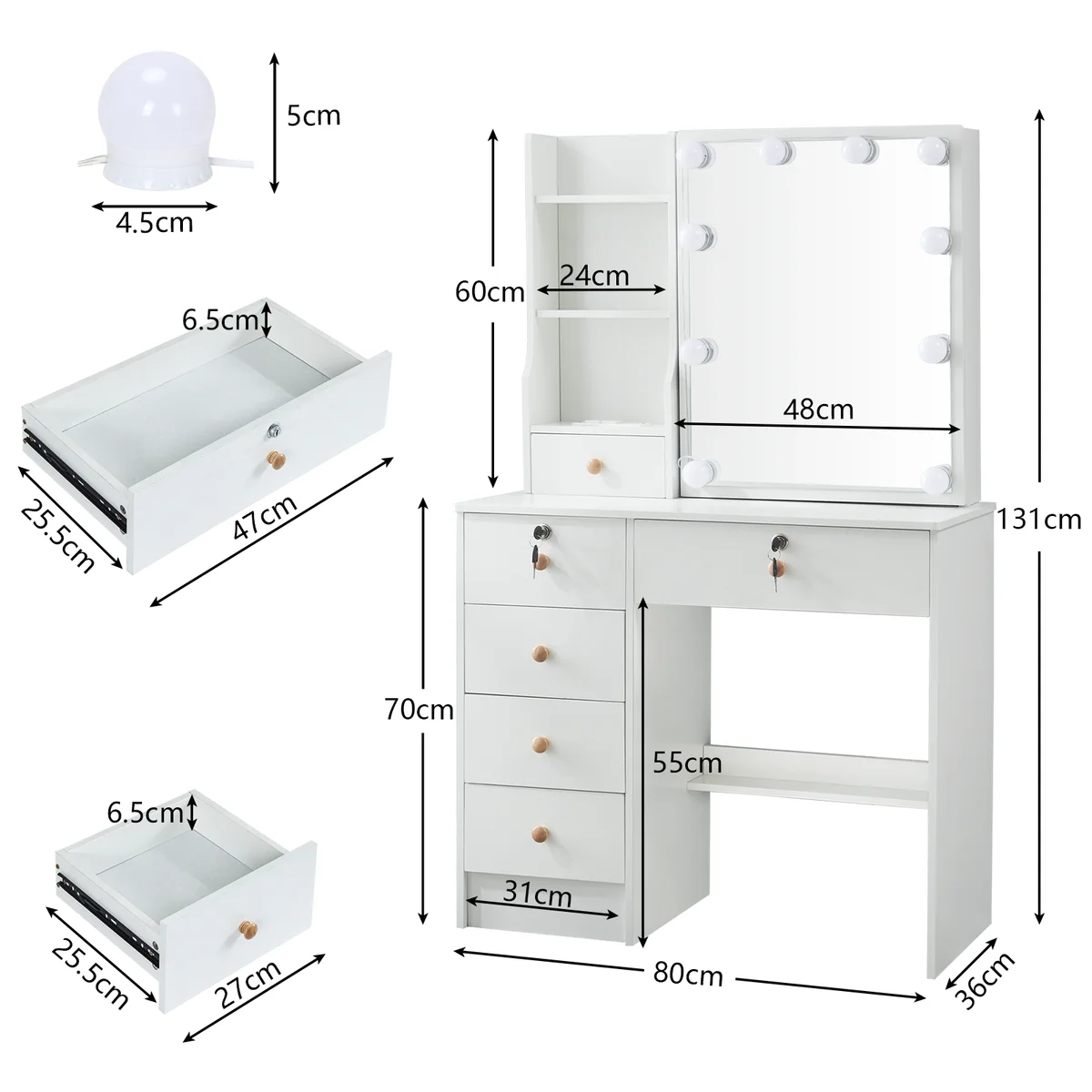Teousev 10 LED Lighted Vanity Set with Mirror & Stool, 3 Color Modes, 7 Drawers Storage, Easy Install Makeup Dressing Table — view 6