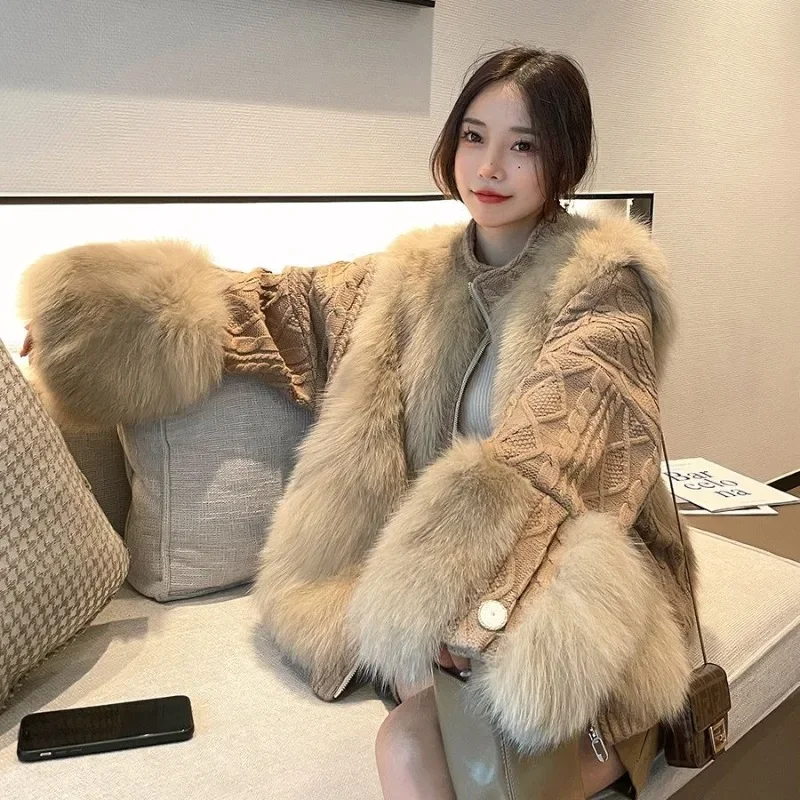 Elegant Women Faux Fur Coat Autumn Winter Female Imitation Fox Fur Patchwork Knitting Sweater Design Sense Loose Casual Outwear