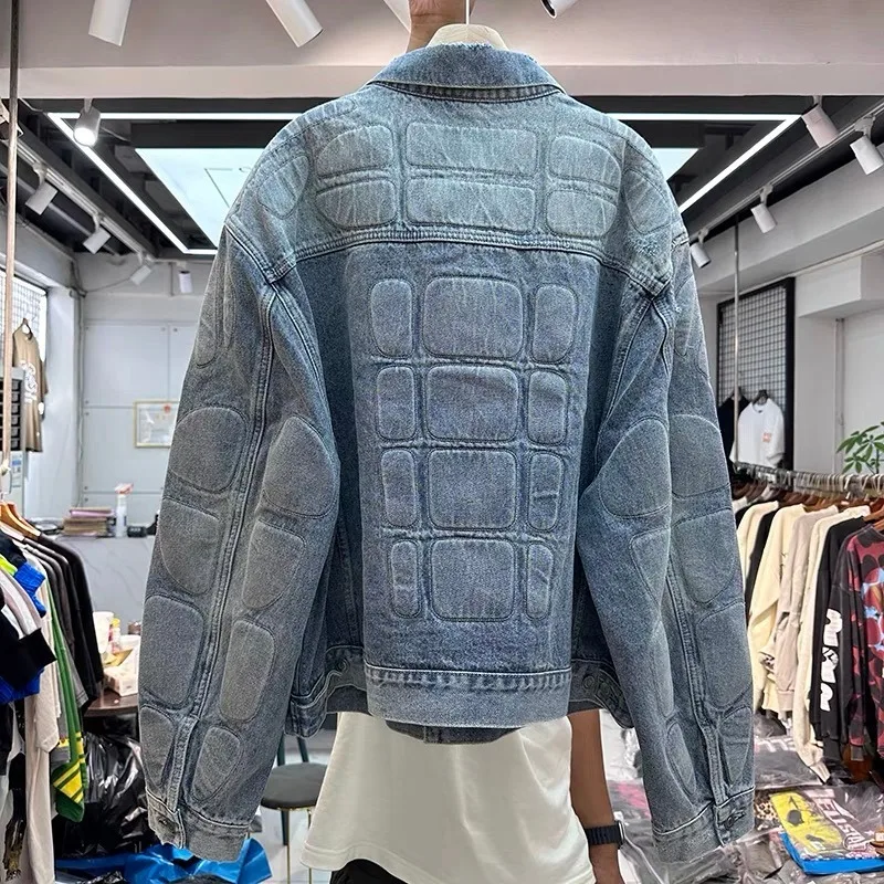 

Washed Blue Oversized Denim Jackets for Men Women High Quality Kanye Turtle Back Pattern Denim Jackets