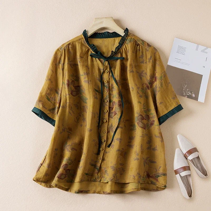 

Printed Flower Chinese Style Blouses Summer Vintage Women's Shirt Loose Cotton Linen Women Tops Short Sleeves Clothing YCMYUNYAN