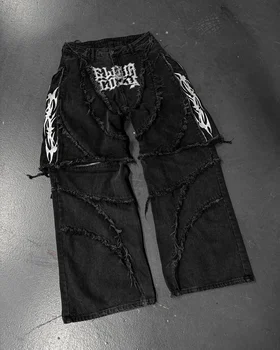 Y2k Patchwork Stripe Embroidery Fur Edge Jeans Fashion America Retro Zipper Splicing Baggy Jeans Punk Men Black Denim Pants 1