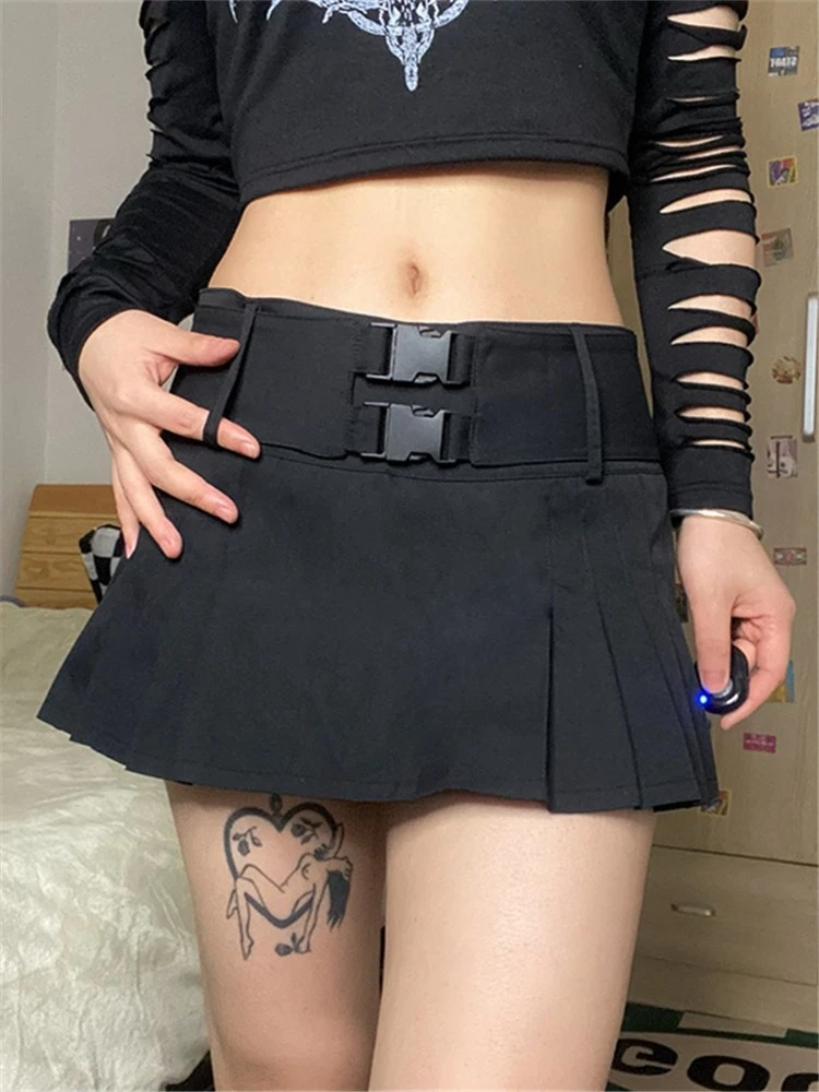 crop top with skirt Fashion Sweet Buckle Latch Low Rise Casual Vintage Mini Skirt A-line Skirts for Women 2022 Young Girl Pleated Skirt Harajuku satin skirt