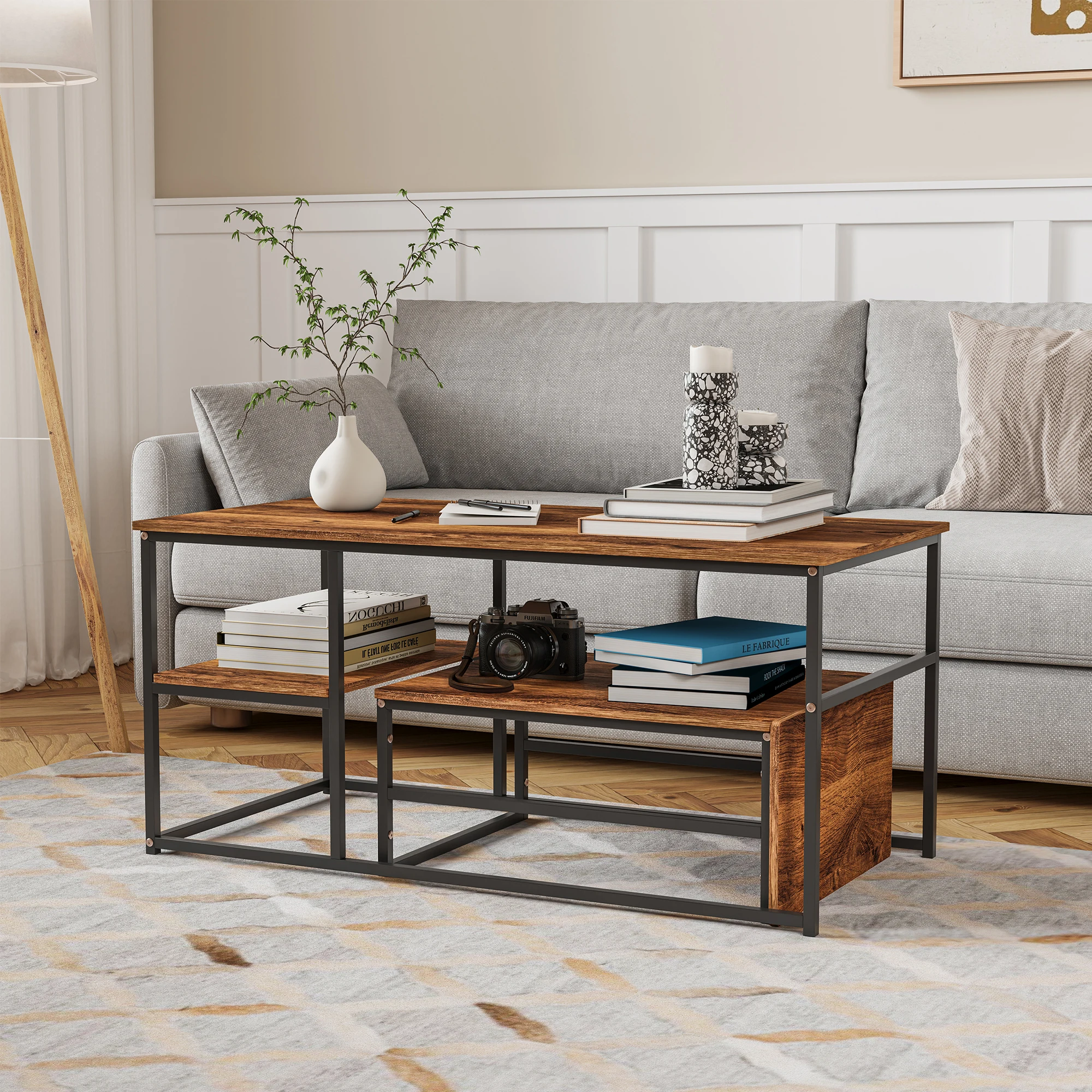 Rosahqnda 2er-Set Couchtische, Beistelltische, Marmoroptik mit Metallrahmen und Regal, Couchtisch, Wohnzimmertisch – Detail 11