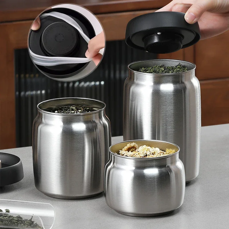 Storage Jar Stainless steel tea sealed jar Moisture-proof household tea storage jar press vacuum high-grade coffee bean sealed
