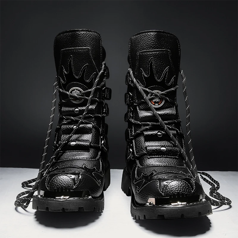 Black Leather Men's Platform Ankle Boots Square Toe Lace Up Shoes_voghion.com